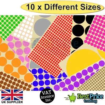 ANY SIZE Coloured Dot Stickers Round Spot Circles Dots Paper Labels *13 COLOURS