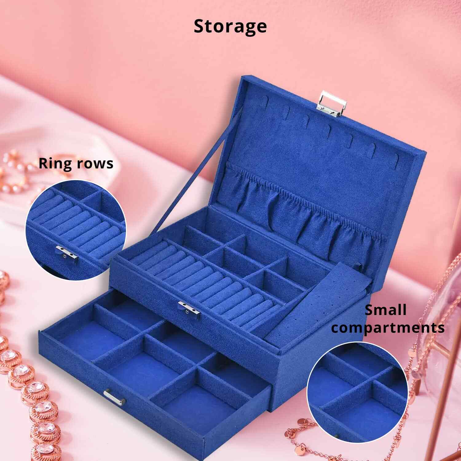 Blue Velvet 2 Tier Anti Tarnish Scratch Resistant Jewelry Box with Lock