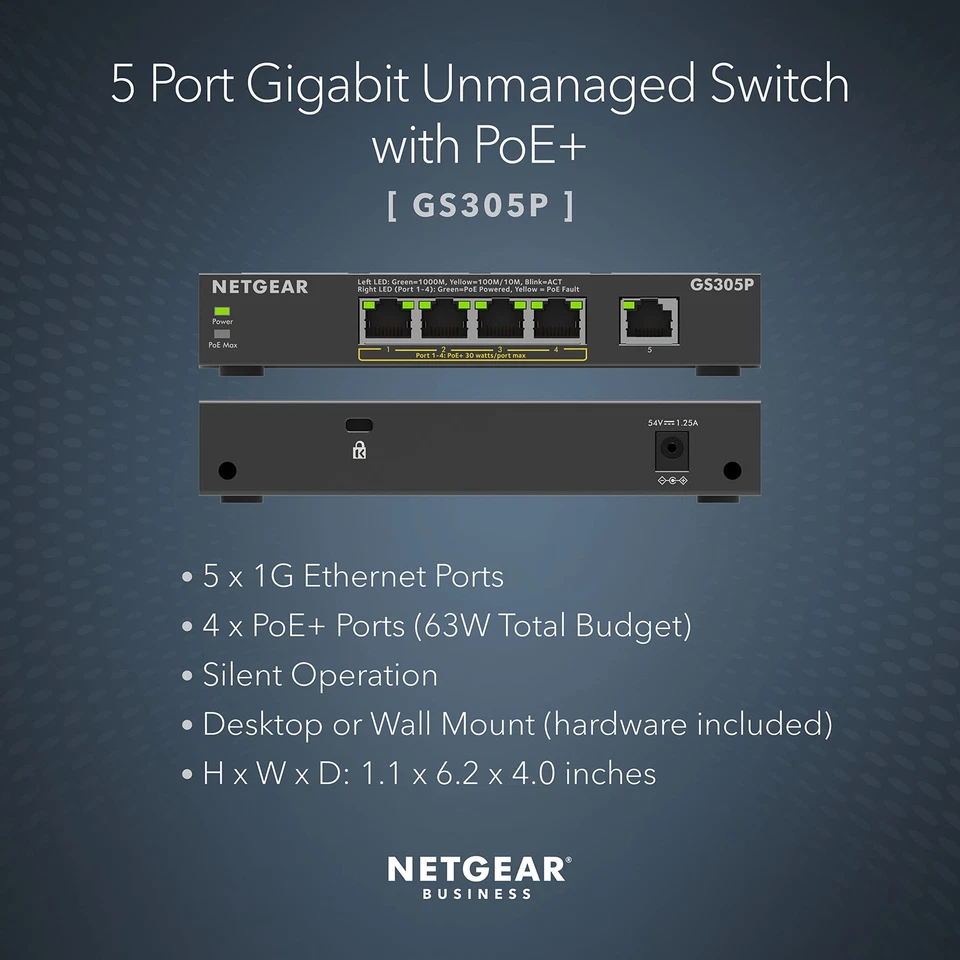 NETGEAR 5 Port Gigabit Ethernet PoE Switch 4 PoE Ports 63W Power Budget - Image 2 of 4