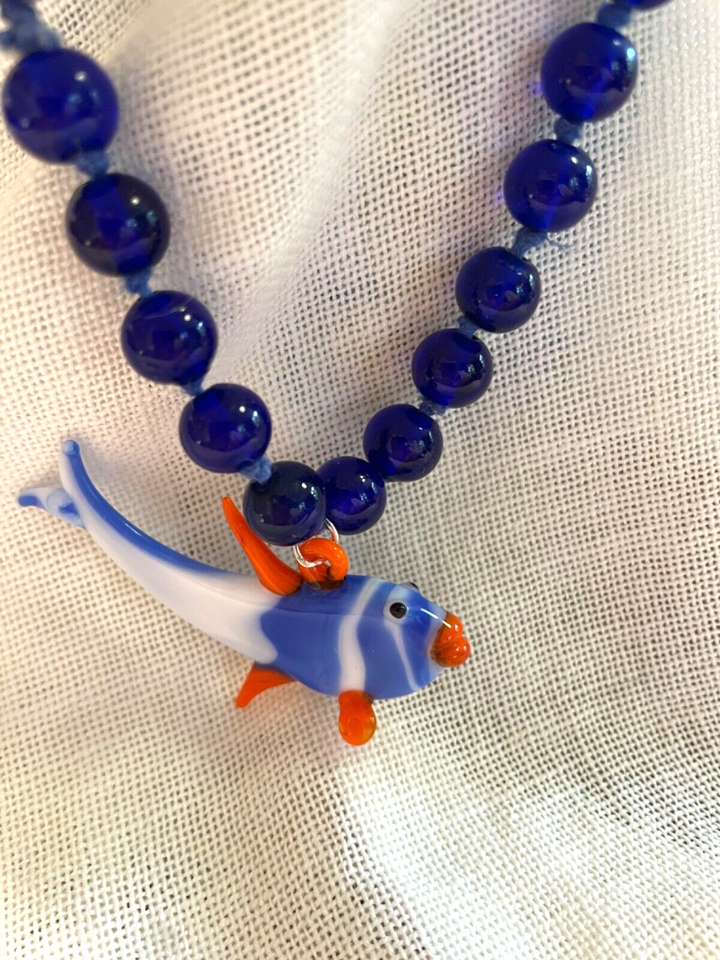 24" cobalt blue glass beads Necklace with hand blown multicolor fish