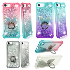 For iPhone SE 2022, 2020, 8, 7, Liquid Glitter Bling Phone Case Cover Ring Stand