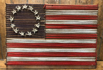 Vintage Handmade Yarn Art 13 Star American Flag Folk Art Wall Hanging 22''x16''