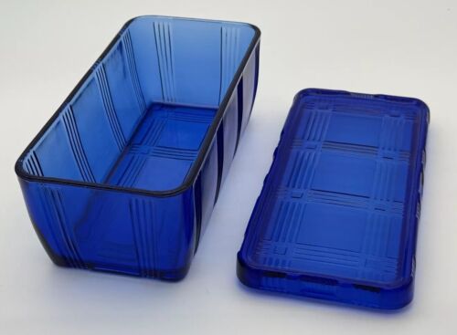 Vintage Hazel Atlas Criss Cross Cobalt Blue Refrigerator Butter Dish 8 3/8" - Picture 3 of 7