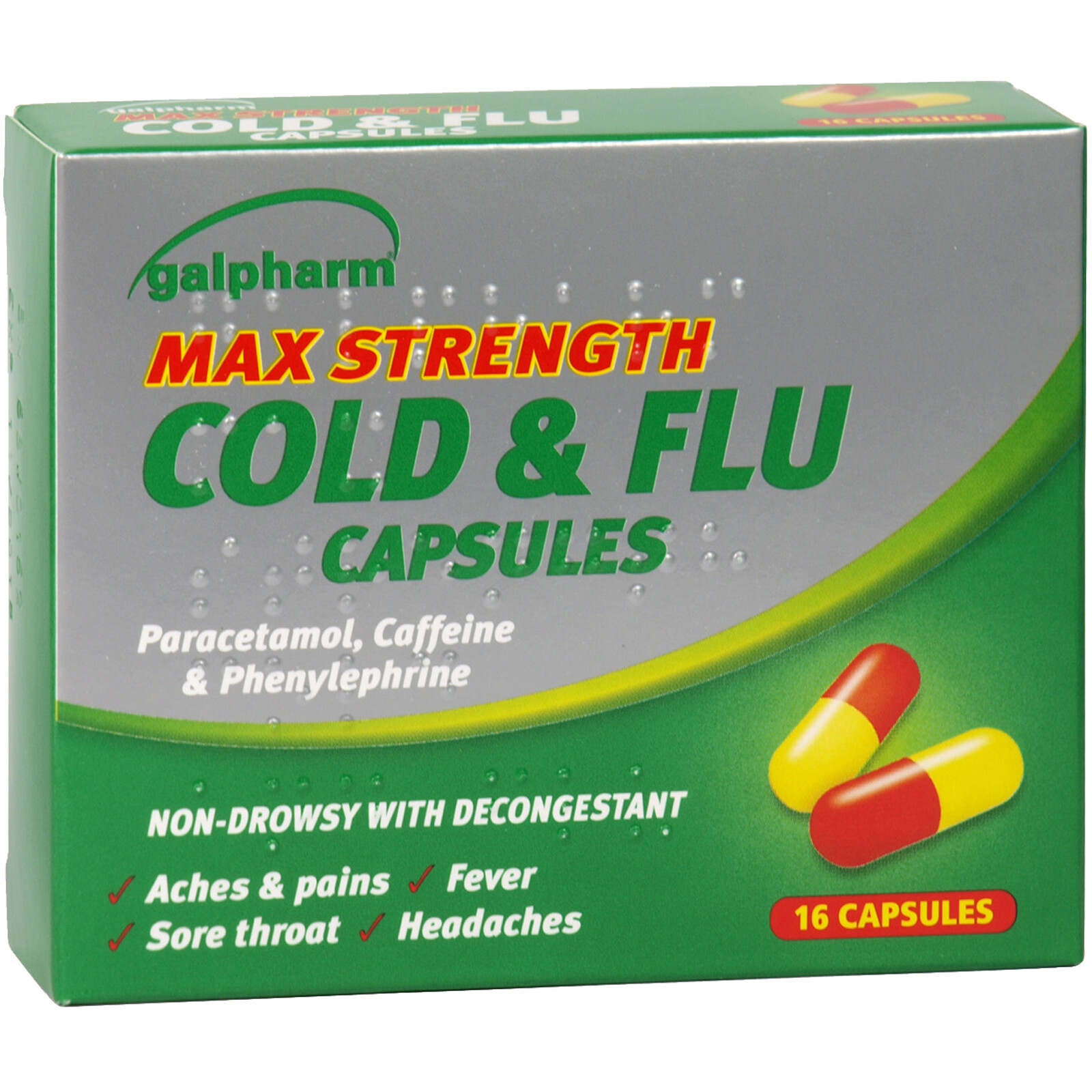 Galpharm Max Strength Cold & Flu Capsules Headache Sore Throat Aches