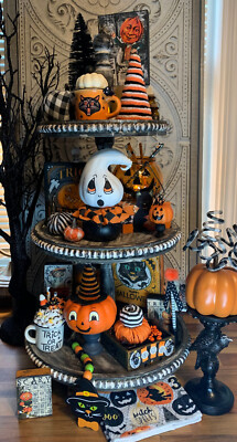 Halloween Vintage Retro Style Tiered Tray Decor Cat Pumpkin Ghost YOU PICK