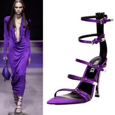 39.5 NEW $1575 VERSACE RUNWAY Purple Satin PIN-POINT Metal Stiletto SANDAL HEELS