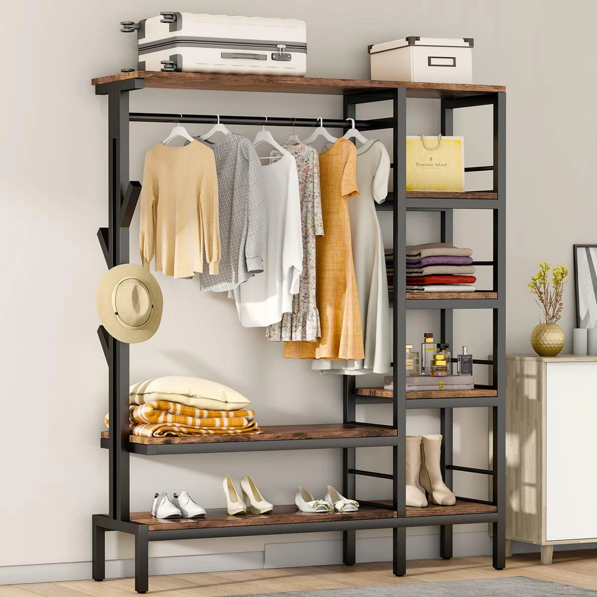 Freestanding Closet Organizer, Heavy Duty Clothes Garment Rack with Shelves