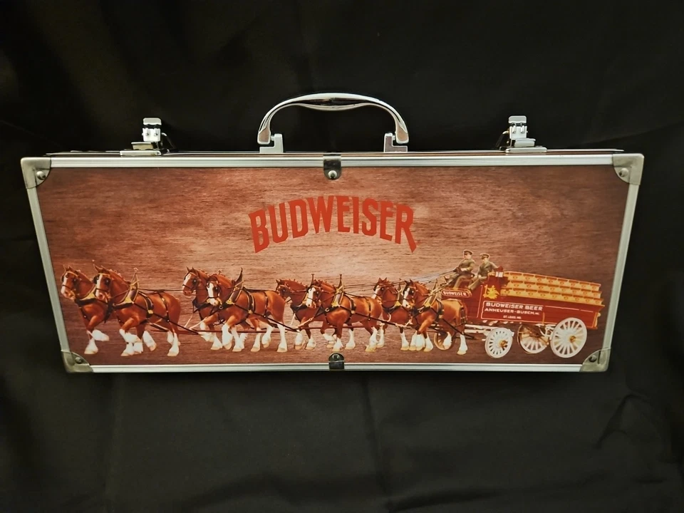 Budweiser Wooden Grill Kit with Carrying Case - BBQ Sauce Is Missing - Image 2 of 4