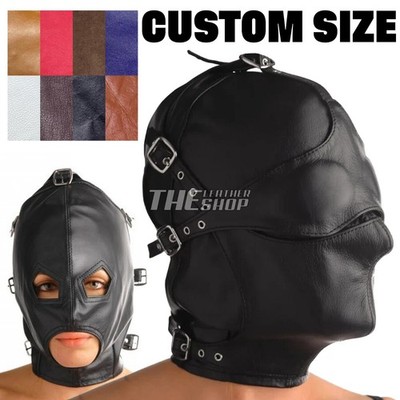 Maßgefertigte Leder Asyl Haube Maske mit abnehmbarer Augenbinde und Maulkorb Kapuze Neu