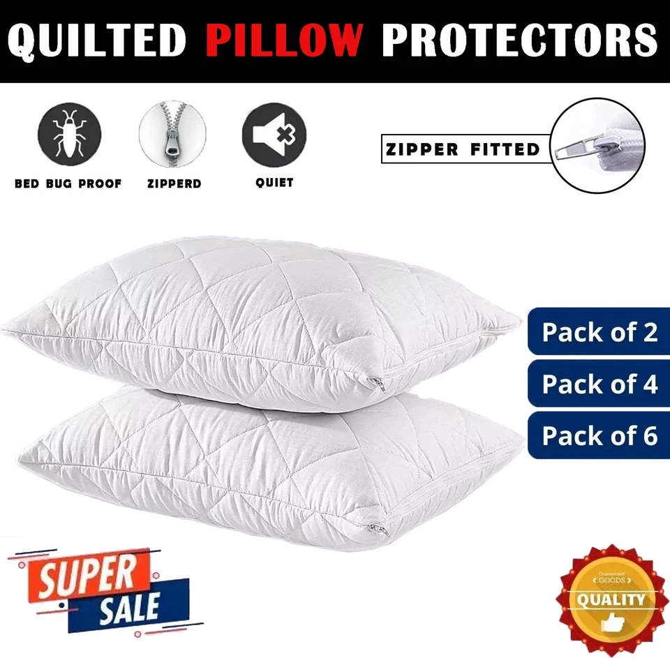 Pack of 4 Luxury Quilted Zipped Pillow Protectors Soft Pillow Pairs White Cover - Image 2 of 4