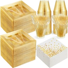 400 Pcs Glitter Dinnerware Set 100 Guests - Square Clear Glitter Plastic Plat...