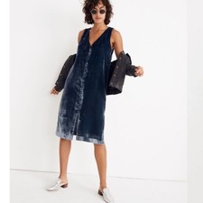 Madewell Velvet Button Front Midi Dress Forgotten Sea Blue Women's Size Large