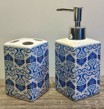 2 Piece Pattern Bath Set Hand Soap Dispenser  Tooth Brush Holder Blue  White
