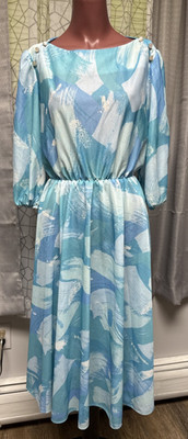 Vintage Homemade Blue Print Blouson Style Dress M Blue Moon Glow Buttons