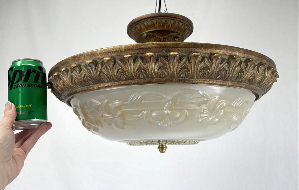 REWIRED 19" Large Vtg Semi Flush Mount Ceiling Light Glass Art Deco, 20s 30s 40s - Image 4 of 4