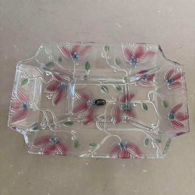 Vintage Crystal Clear Studios Japan Floral Divided Relish Tray Pink Flowers