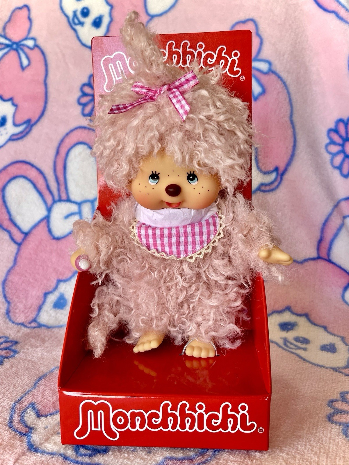 Sekiguchi Monchhichi Fluffy Pink Beige Girl 8" Plush Doll w/ Blue Eyes! NEW/AUTH