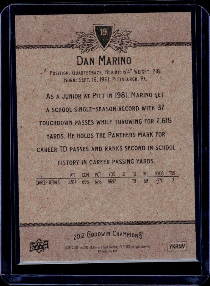 Multisport Upper Deck 2012 Upper Deck Goodwin Champions #19 Dan Marino - Image 2 of 2