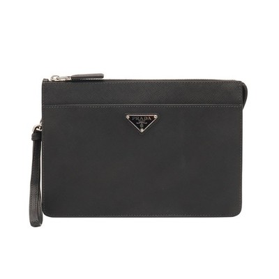 クラッチバッグ PRADA Woman Clutch Black 1NK0012HG6 F0002 Prada Black Saffiano Leather Triangle Logo Strap Clutch