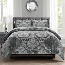 Sunshine Nicole Metallic Print Comforter Set, Distressed Queen, Damask Grey