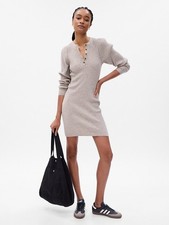 Gap Long Sleeve CashSoft Henley Ribbed Sweater Dress Pebble Grey Size Small