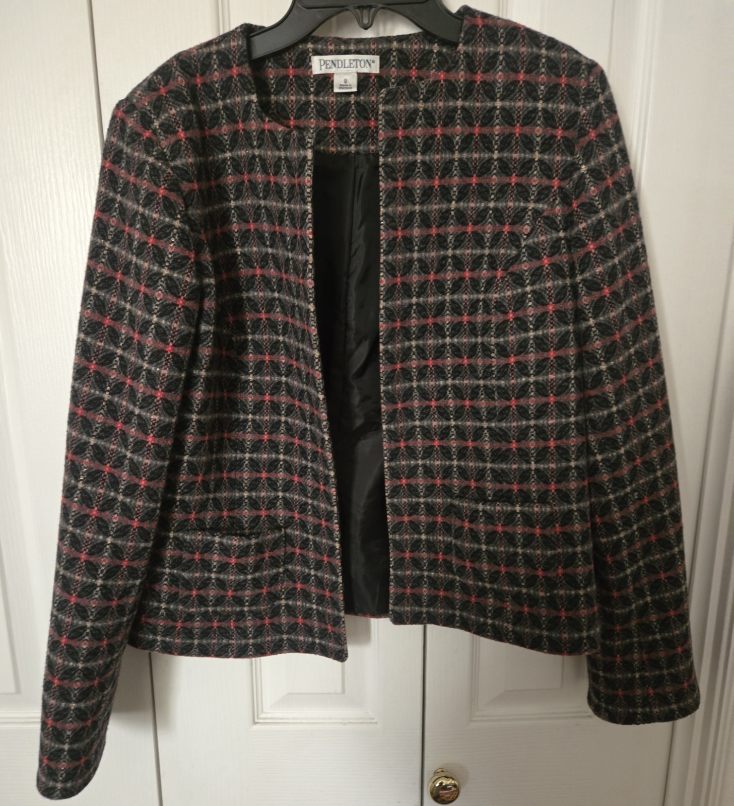 Pendleton Plaid Tweed Blazer Jacket Open Front Pockets Long Sleeve Size 8