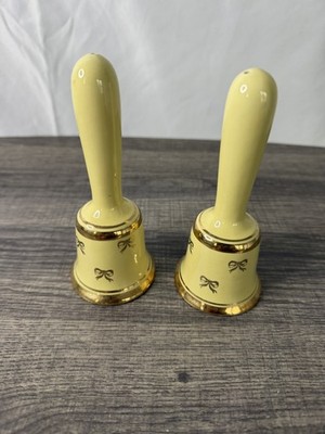 Vintage Ceramic Yellow Hand Bells Gold Bow Bows Decorative Collectible Set of 2