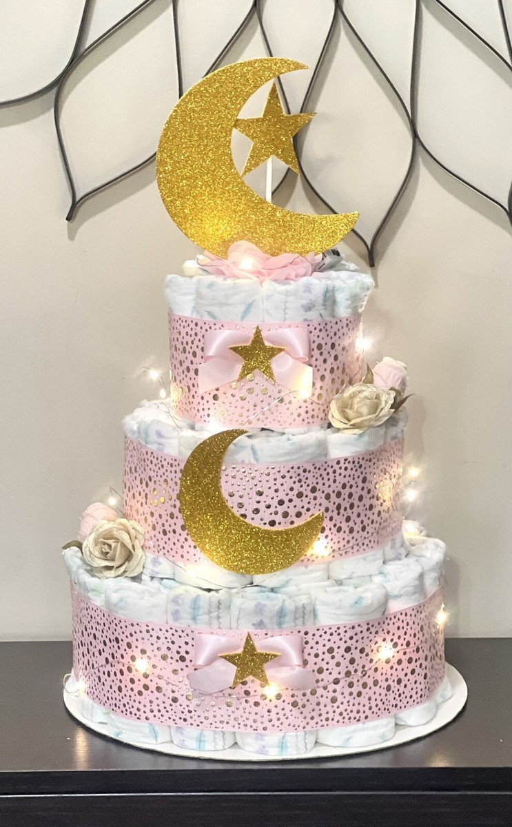 Tier Little Star Diaper Cake Baby Shower Girl With Fairy Light