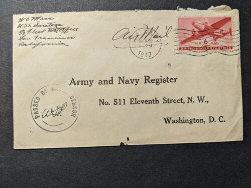 USS SARATOGA CV-3 Naval Cover 1943 Censored WWII Sailor's Mail  AIRCRAFT CARRIER - 第 1/2 張圖片