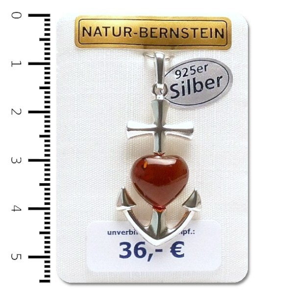100% Naturbernstein Anhänger Glaube Liebe Hoffnung Herz Anker 925er Silber 90806