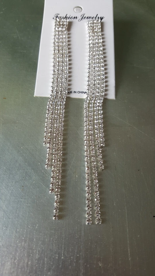 Strass Ohrringe silber glitzernd lang Hochzeit Quaste vier Reihen - Bild 4 von 4