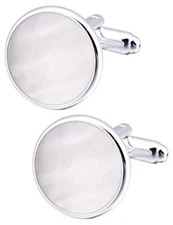 Silver Mother of Pearl Cufflinks in Gift Box Round Cuff Links for Business We...