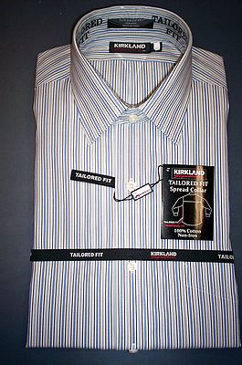 NWT KIRKLAND TAILORED FIT NO-IRON SPREAD DRESS SHIRT BLUE/GRAY STRIPE-15.5  33 | eBay