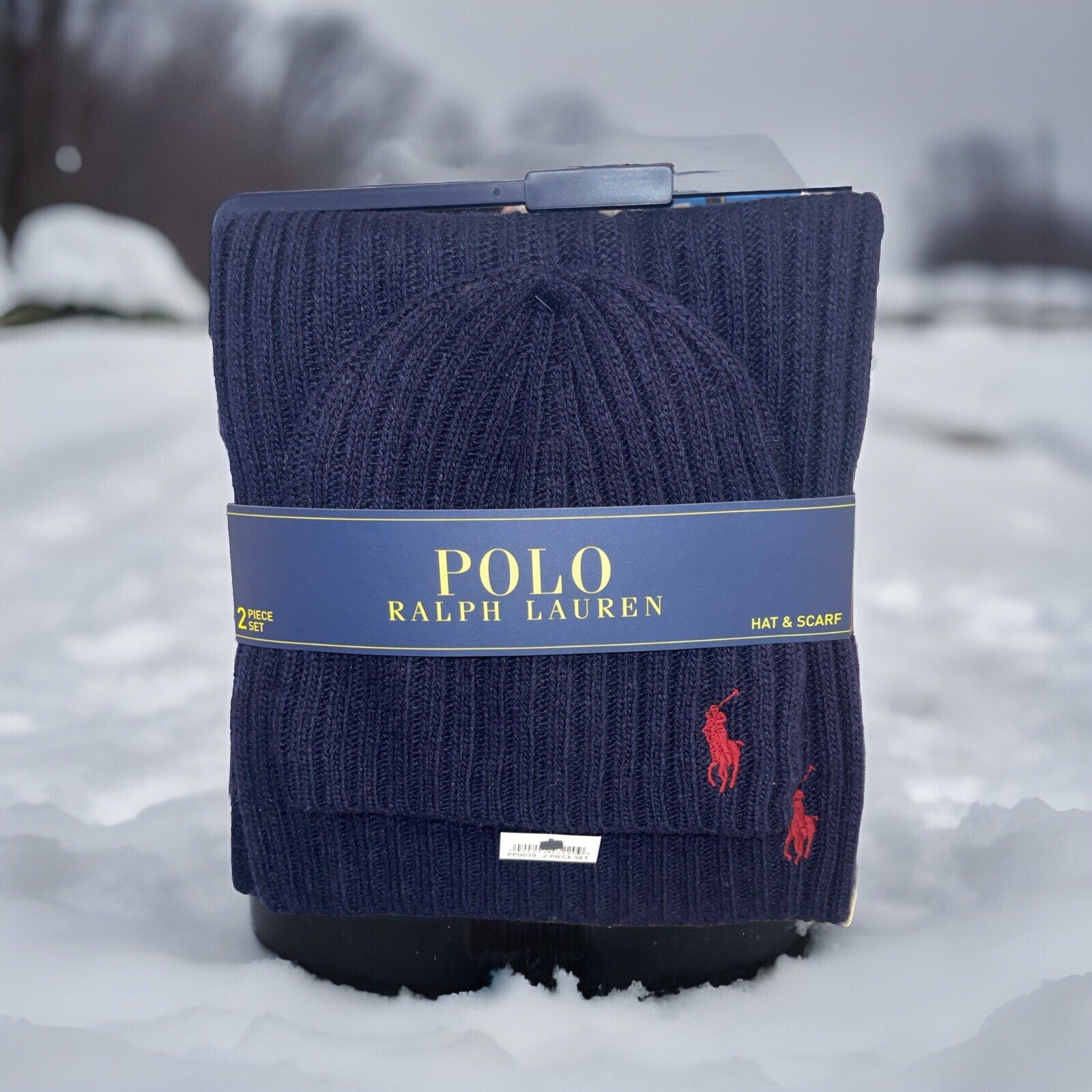 NUOVO Polo Ralph Lauren uomo berretto e sciarpa blu navy set a costine rosso pony taglia unica
