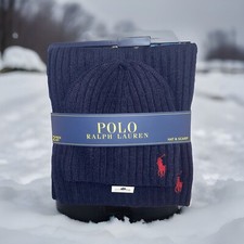 NEW Polo Ralph Lauren Mens Beanie  Scarf Blue Navy Set Ribbed Red Pony One Size