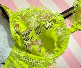 Victoria's Secret LUXE Unlined Floral Embroidered Demi Bra Thong Set Limelight