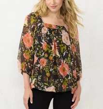 LC Lauren Conrad  Top Size S Blouse Sheer Black Floral Peasant with Camisole