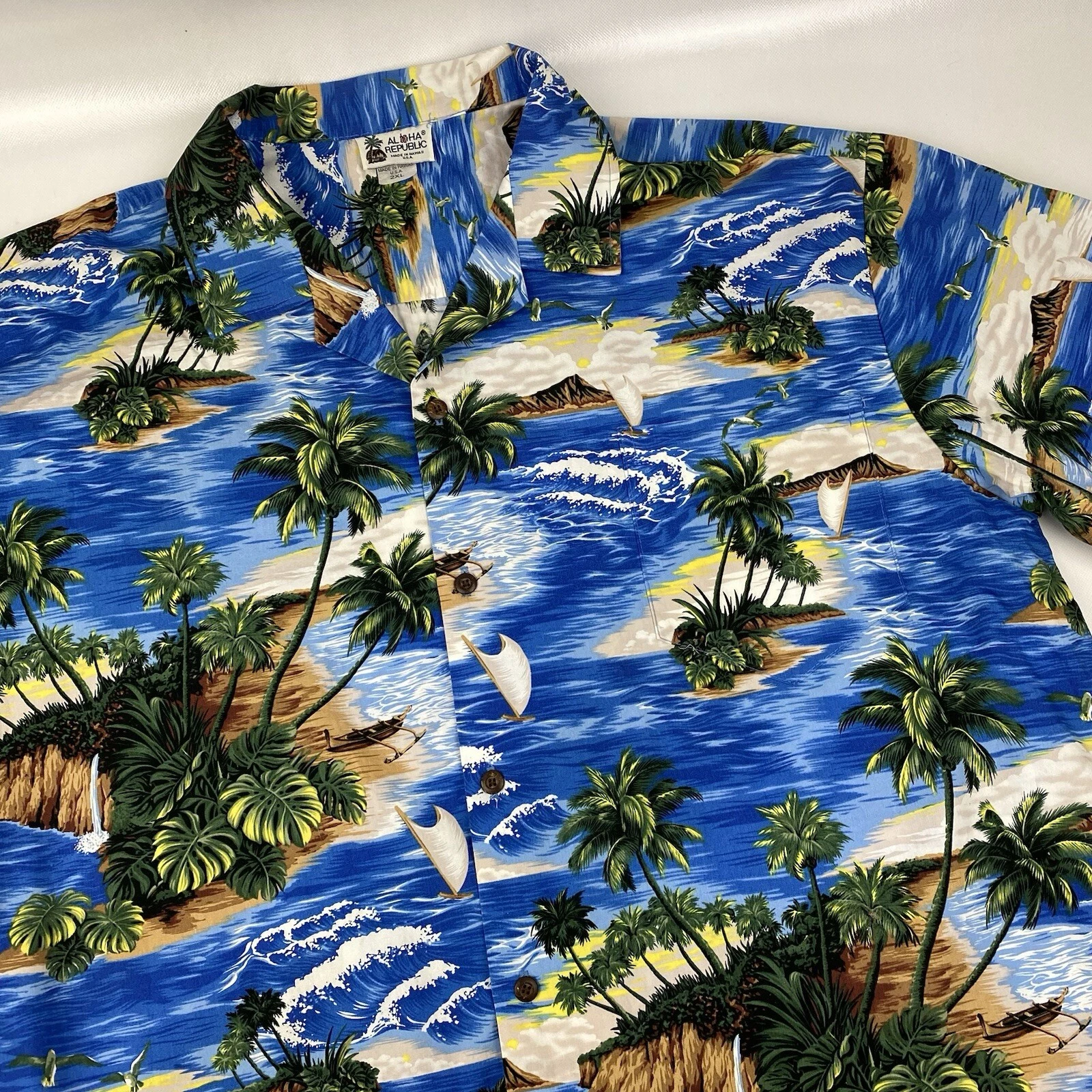 Vintage Mens XXL Aloha Republic Hawaiian Shirt Scenic Ocean Palm Trees Made USA