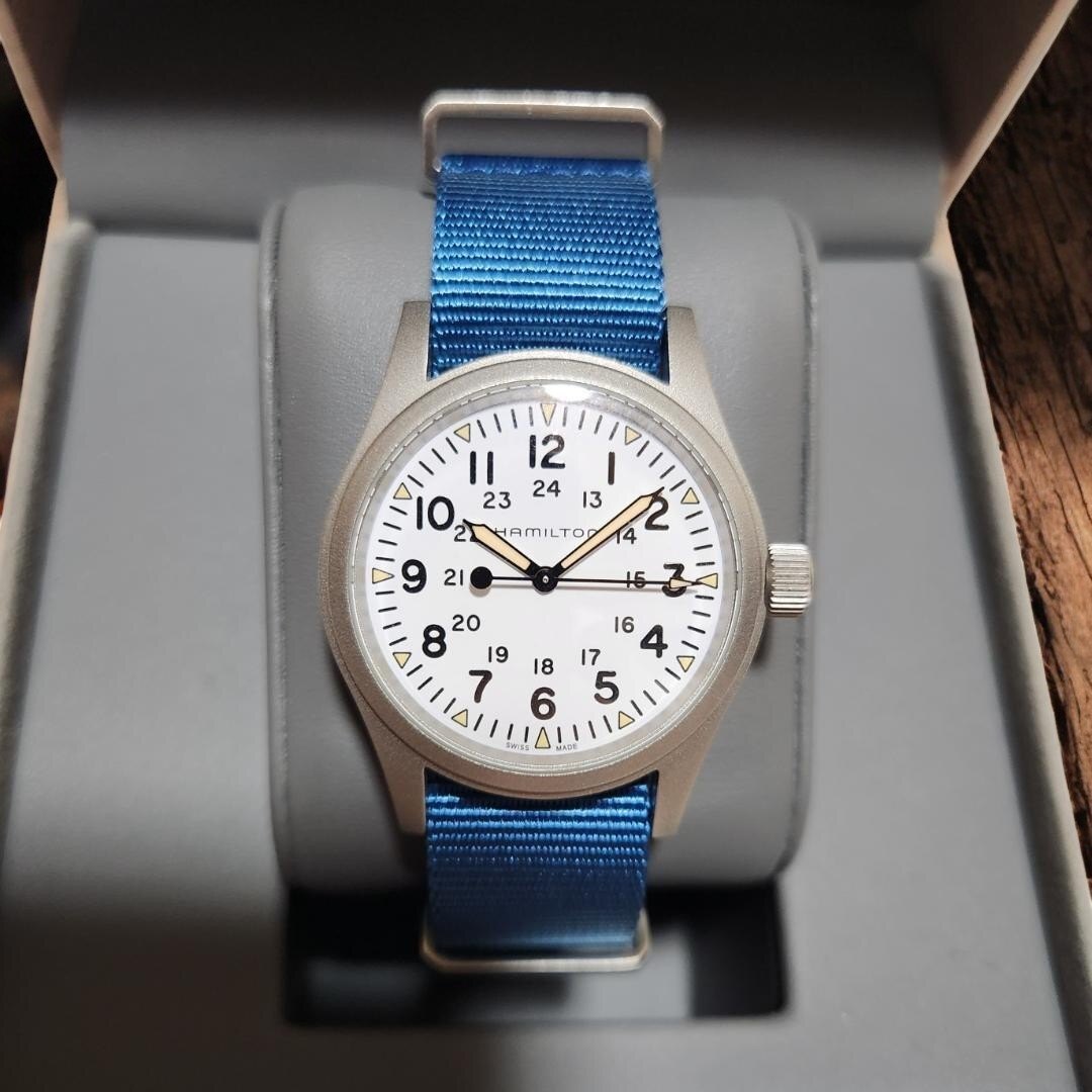 Hamilton Khaki Field Mechanical 38mm White Dial Blue NATO