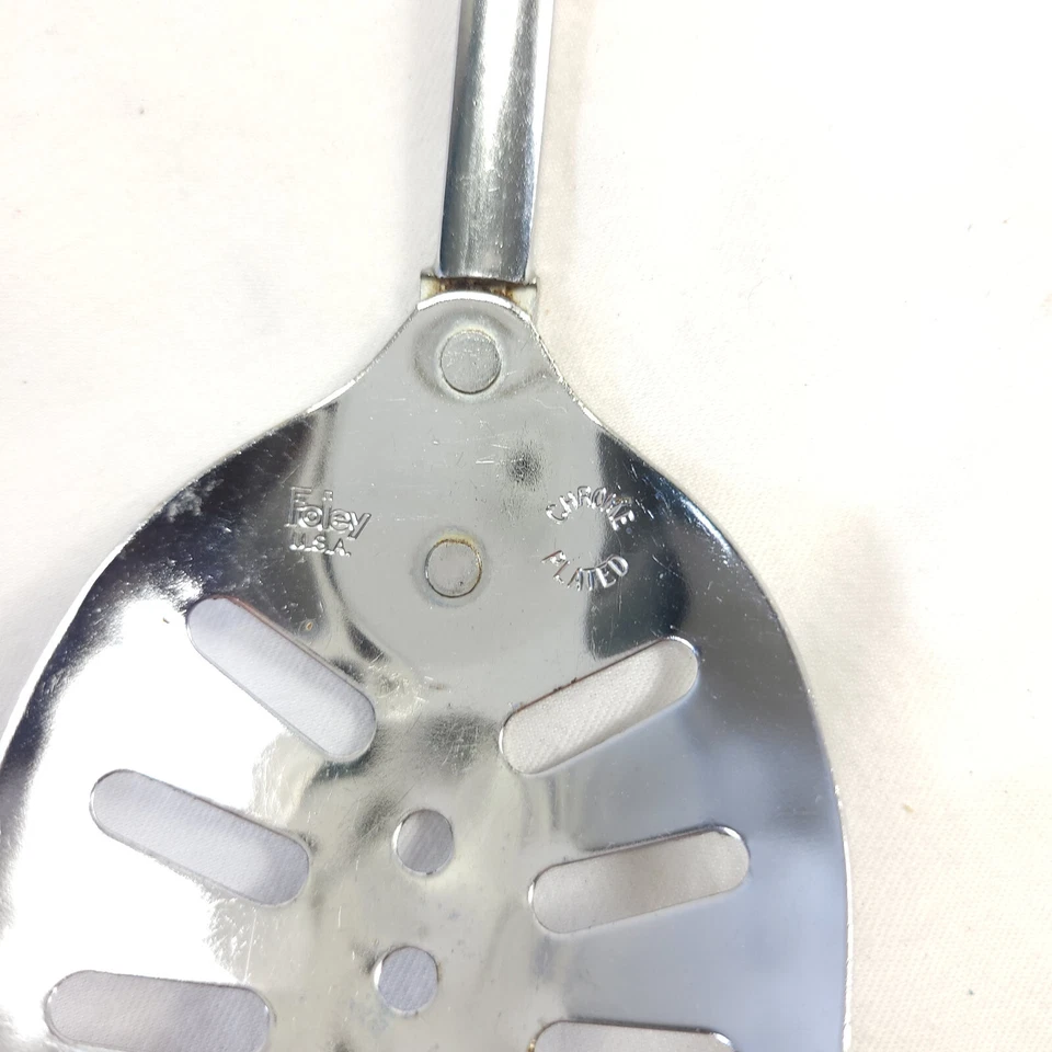Foley Utensil Chrome Slotted Spoon Serving Strainer Wood Handle USA - Image 2 of 4