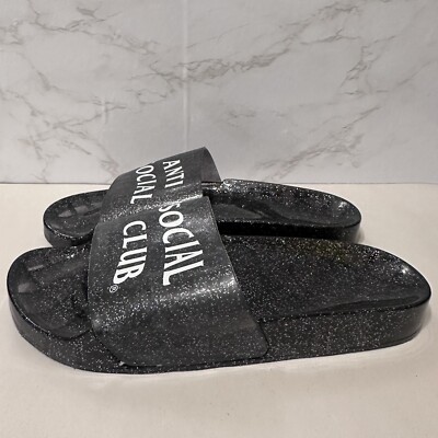 Anti Social Club Everything Glitter Black Sparkle Slides Sz  display picture 3