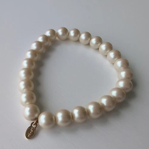 VTG Monet Faux Pearl Bracelet Stretch Beaded Gold Tone Tag Costume Jewelry 6.5"