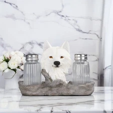 6.75"W White Wolf Salt & Pepper Shaker Holder Ornament Home Decor Unique Gift