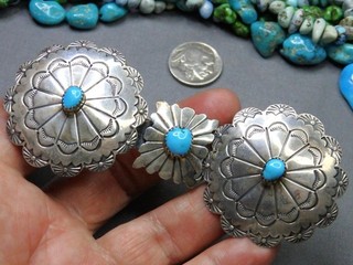 NAVAJO Sleeping Beauty TURQUOISE Sterling Silver 4.25" CONCHO Belt BUCKLE Set