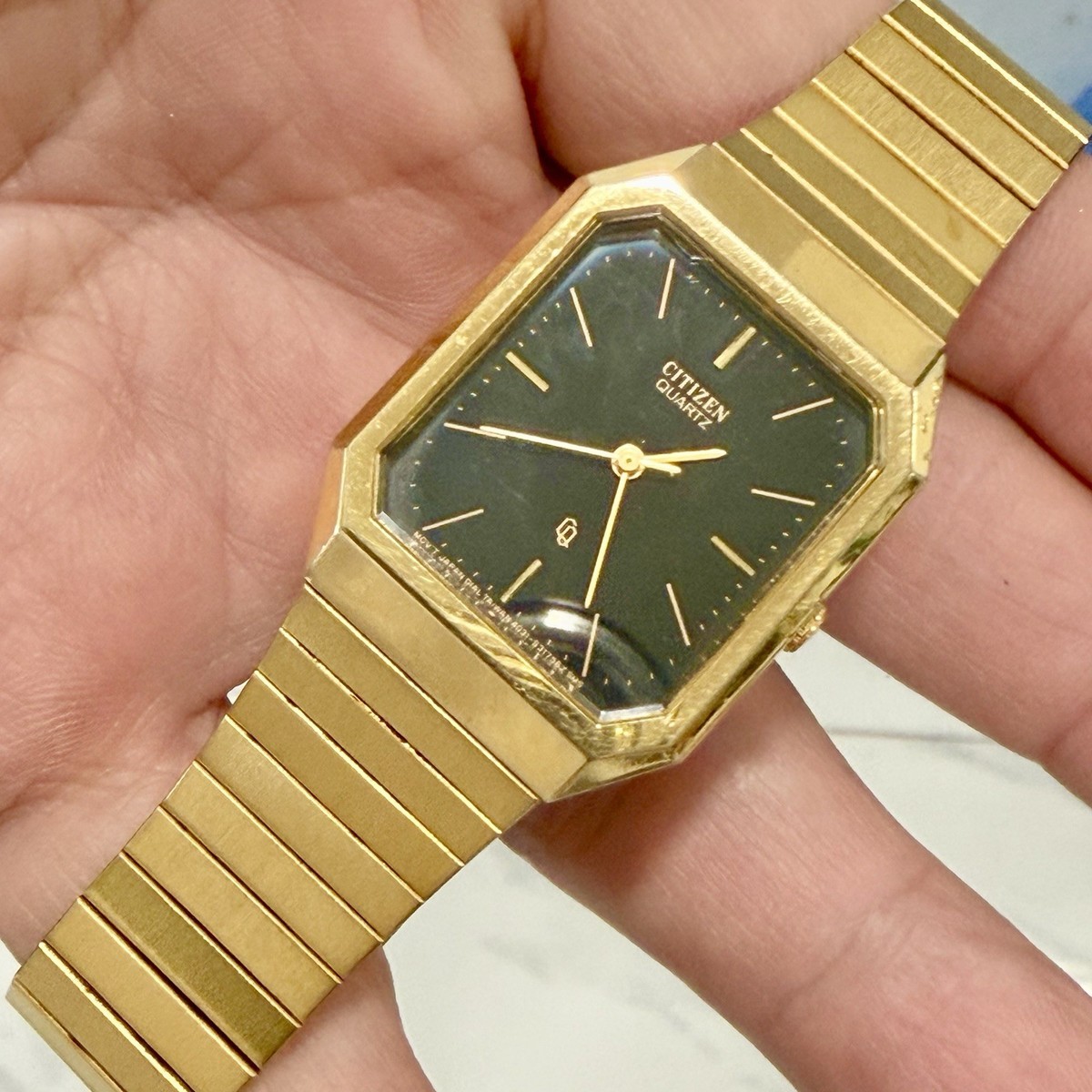 Citizen CQ Tank Watch Men's 27mm Black Dial Gold Tone Octagon NEW