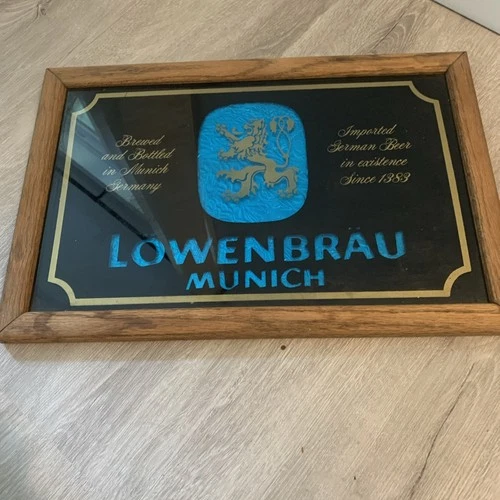 Vintage Lowenbrau Munich Beer Glass Foil Sign Wooden Framed