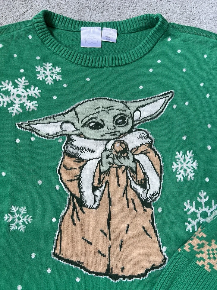 迪士尼 100 女孩圣诞丑陋毛衣大号绿色尤达长袖 — 第 3/4 张图片