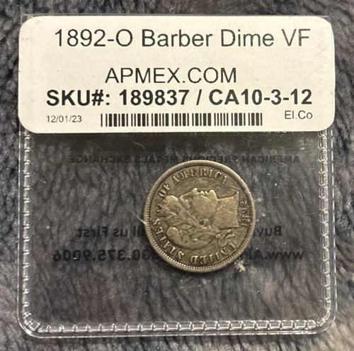 1892-O Barber Dime Silver Very Fine VF Coin APMEX See Pics