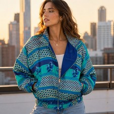 Fuda International Bomber Jacket Women PL Blue Silk Vintage 90s Geometric Floral