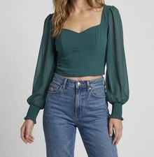 Abercrombie Fitch Sweetheart Corset Top Sheer Puff Sleeves S Green Cottagecore
